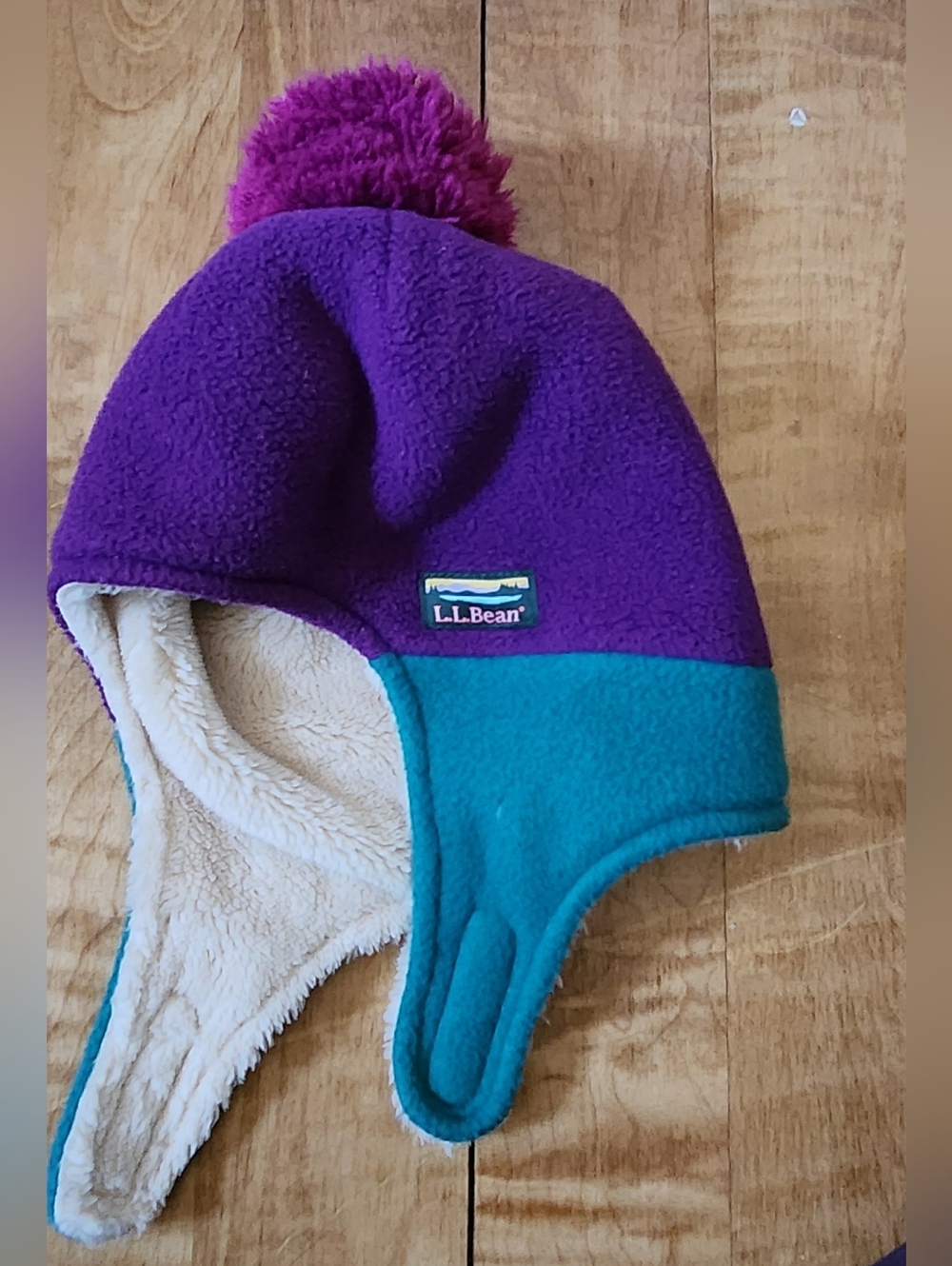 L.L. Bean Kids Purple & Teal Fleece Pom Hat with Cream Sherpa Lining